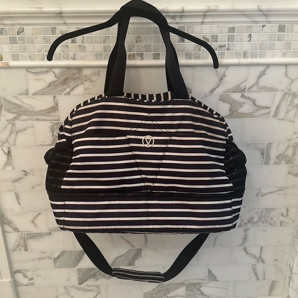 Lululemon black and white striped duffle bag